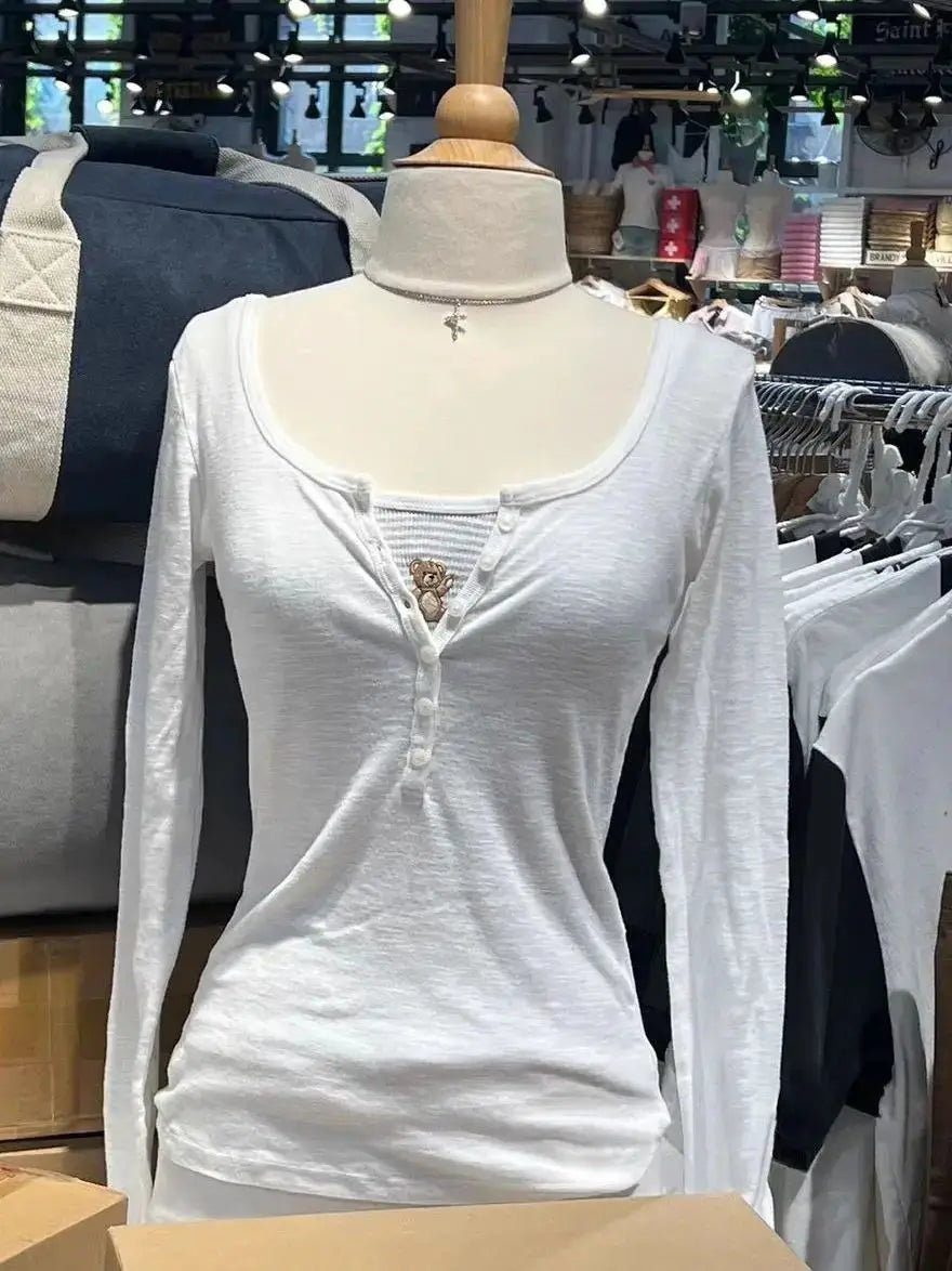 Navy Six ButtonsT-shirts Women Autumn New Round Neck Cotton Ribbed Slim  Long Sleeve Tee Top Casual Vintage Chic Tshirt Y2k Tops