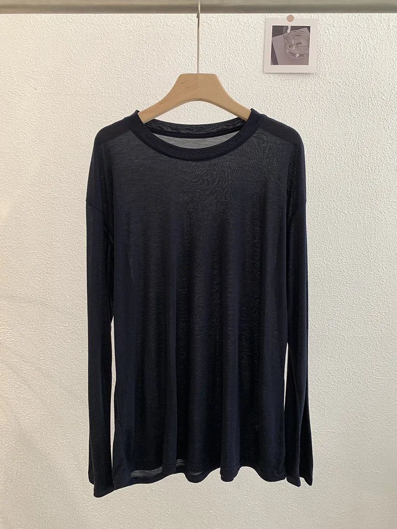 Sweet Thin Sun Protection T-shirts Women Summer Casual Streetwear Lyocell O-neck Long Sleeve Tees Chic Preppy Style Tops Y2K New