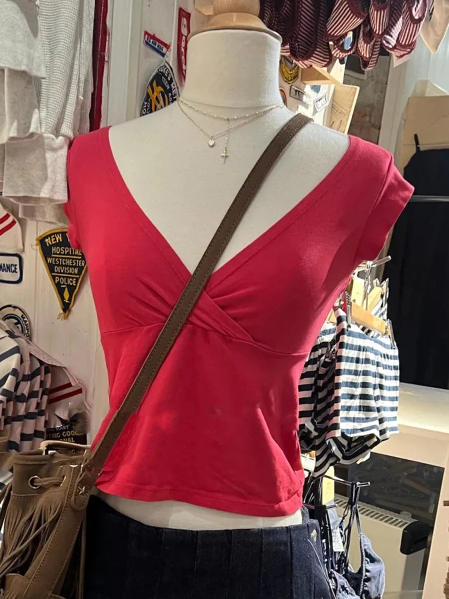 Navy Dot V-neck Sleeveless T-shirts Women Vintage Casual Simple Slim Cotton Crop Tops Female Sweet Cute Preppy Style Vests Y2K