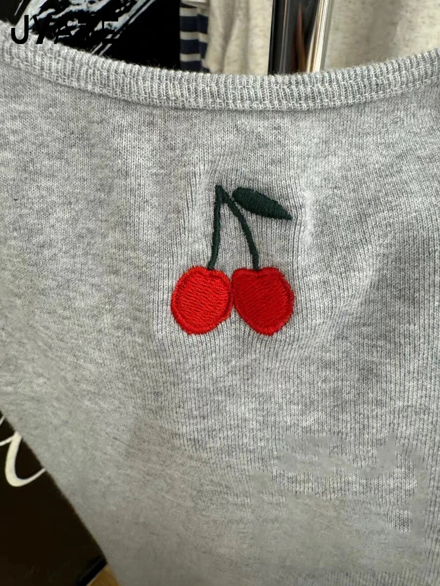 Cute Cherry Embroidery Slim Tank Tops Women Summer New Cotton Soft Casual Sleeveless Cropped Vests Sweet Preppy Style Camis Y2K