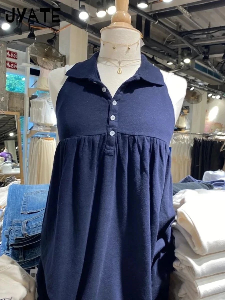 American Sexy Backless Navy Tank Tops Women Summer Bottons Cotton Halter Sleeveless Vests Vintage Preppy Style Y2K Camisole New