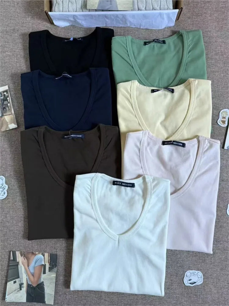 Solid V-neck Short Sleeve Tees Women Casual Streetwear Slim Cotton Tops Clothes Simple Basic Preppy Style T-shirts Y2K