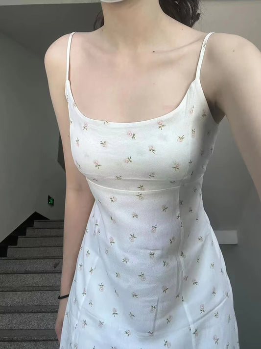 Sweet Floral Print Sexy Backless Camis Dress Women Summer Chiffon High Waist Sleeveless Long Dresses Vintage Cute Y2K Vestidos