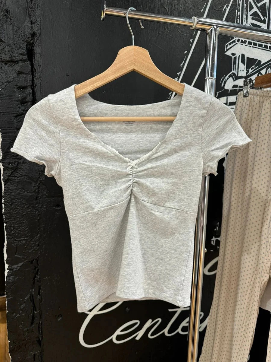 Floral Print Slim V-neck T-shirts Women Bow Sexy Folds Lace Trim Cotton Short Sleeve Tee Shirt Sweet Preppy Style Solid Crop Top