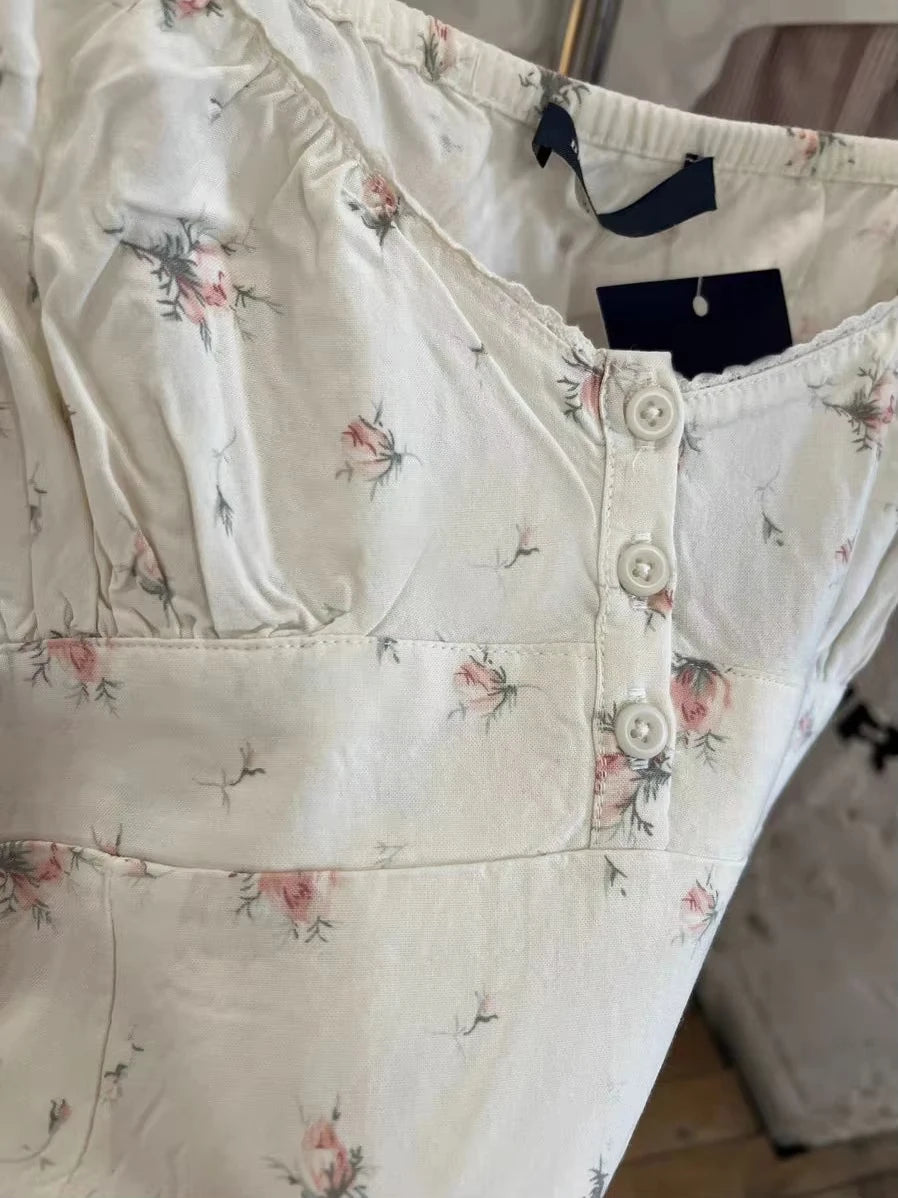 Floral Print Lace Trim V-neck Mini Dress Women Summer Casual Buttons A-line Short Vestidos Cute Sweet Preppy Style Y2K Dresses