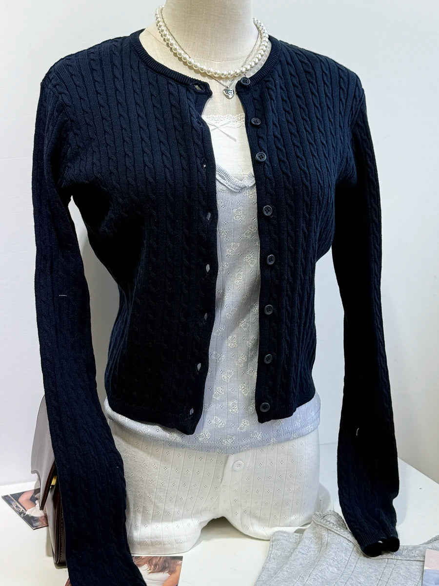 Brown Twsit Cardigan Women Spring Simple Casual Cotton Slim Button Long Sleeve Sweater Vintage Chic Preppy Style Sweaters Y2K
