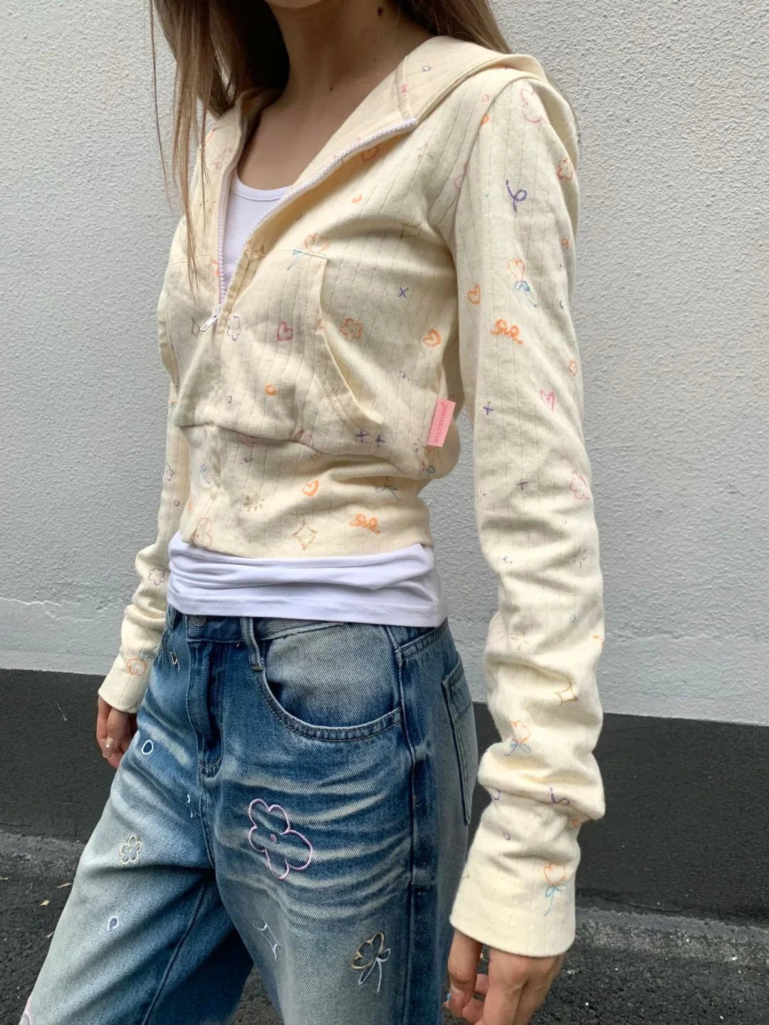 Sweet Print Zip-up Cropped Hoodie Woman Autumn Slim Long Sleeve Cotton Crop Top Preppy Style Streetwear Cute Sweatshirts Top Y2K