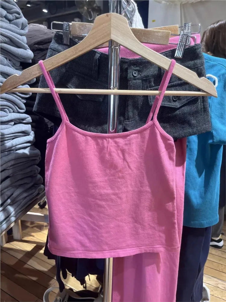 Cute Pink Slim Crop Top Women Summer Simple Cotton Basic Tank Tops Casual Preppy Style Sweet All-match Cropped Camisole