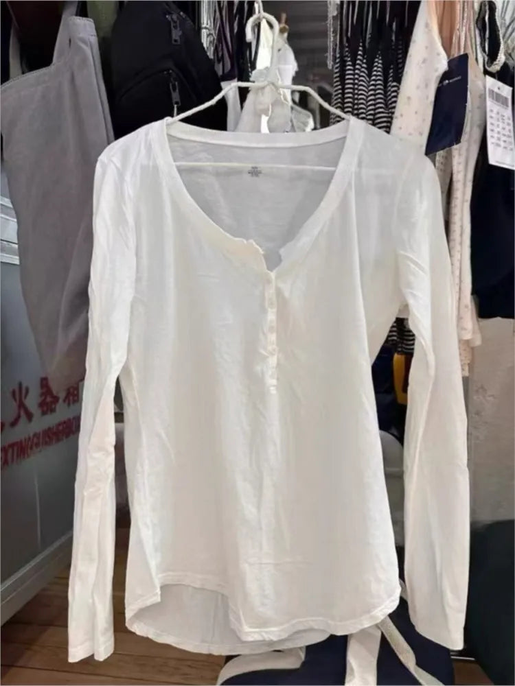 White Lightweight Long Sleeve Tees Women New Casual Loose Cotton O-neck Buttons Tee Tshirt Sweet Chic Streetwear T-shirts y2k