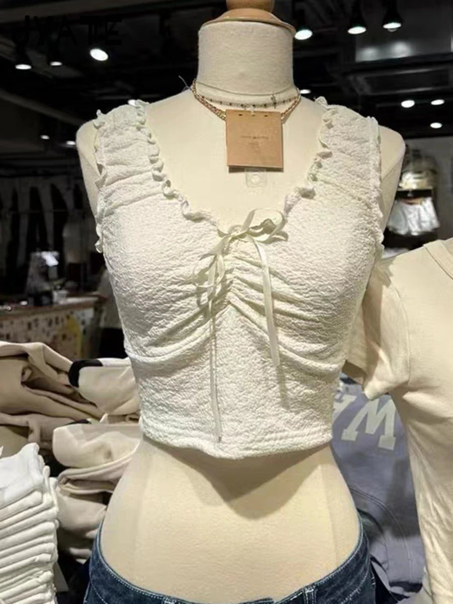 Harajuku Folds Ruffles V-neck Solid Crop Tops Women New Casual Slim Retro Bow Sleeveless Vests Vintage Chic Sweet Tank Tops Y2K