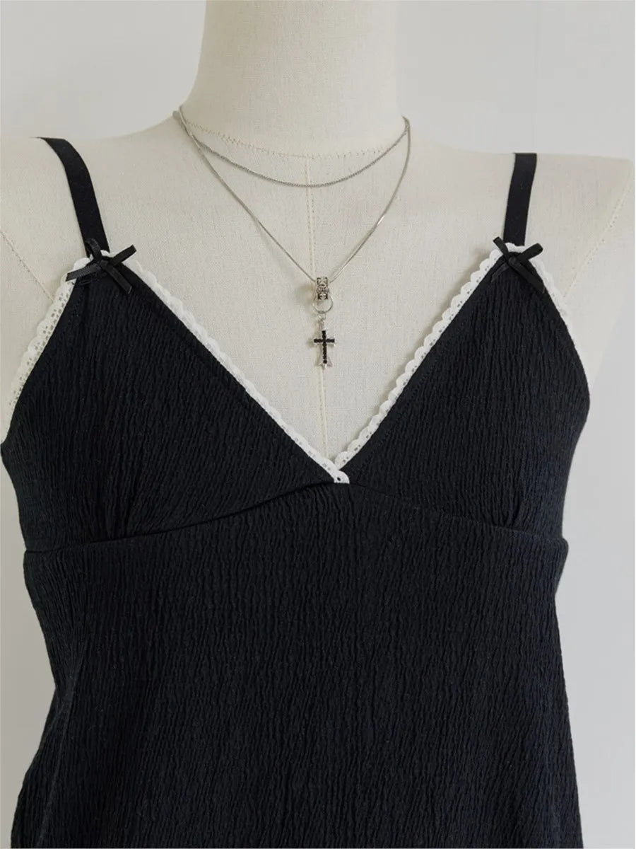 Black Lace Trim Bow Tank Tops Women Summer Casual Streetwear Sleeveless V-neck Sexy Vests Vintage Sweet Preppy Style Camis OOTDS