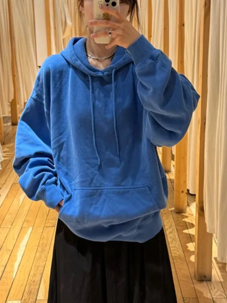 Electric Blue Loose Sweatshirts Women Autumn Preppy Style Warm Cotton Casual Pullover Top Fashion Chic Oversize Y2K Hoodies New