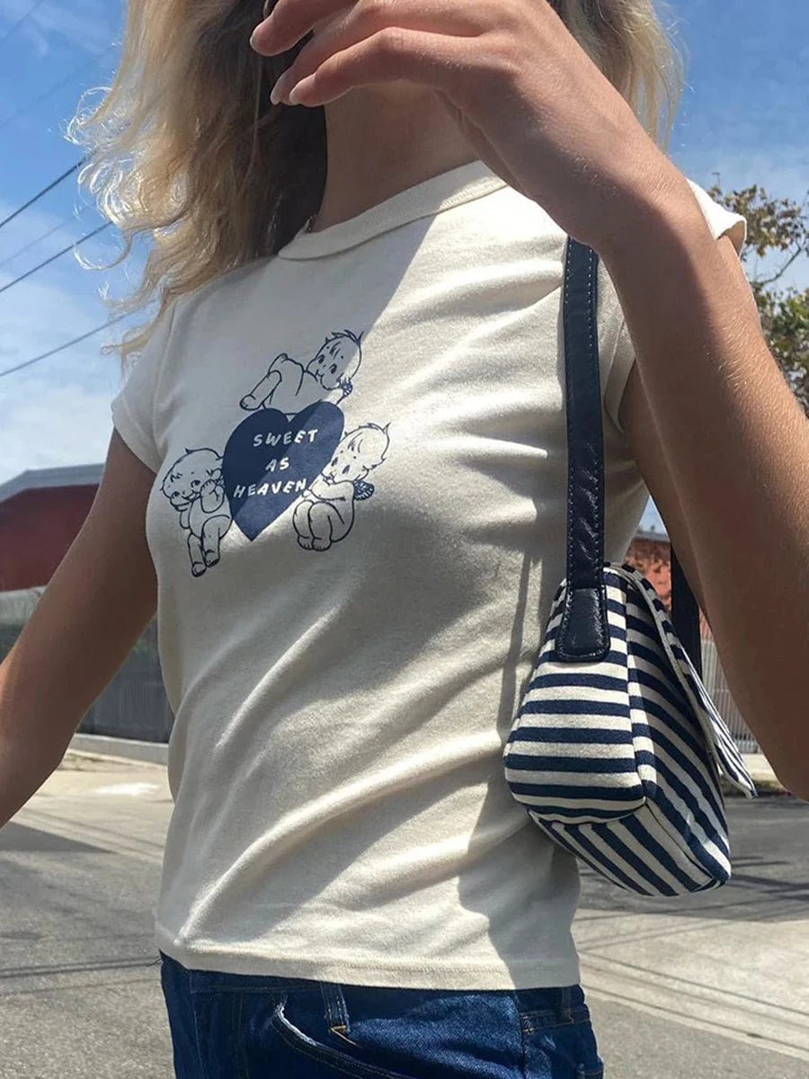 Sweet Angel Bear Print Pink Crop Tops Women New Cotton O-neck Casual Slim Cropped Tees Shirt Cute Preppy Style Chic T-shirts Y2K