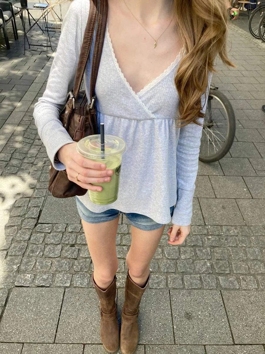 Sexy Lace Trim V-neck Long Sleeve Tees Women Spring Casual All-match Simple Slim Babydoll Top Sweet Cute Preppy Style T-shirts