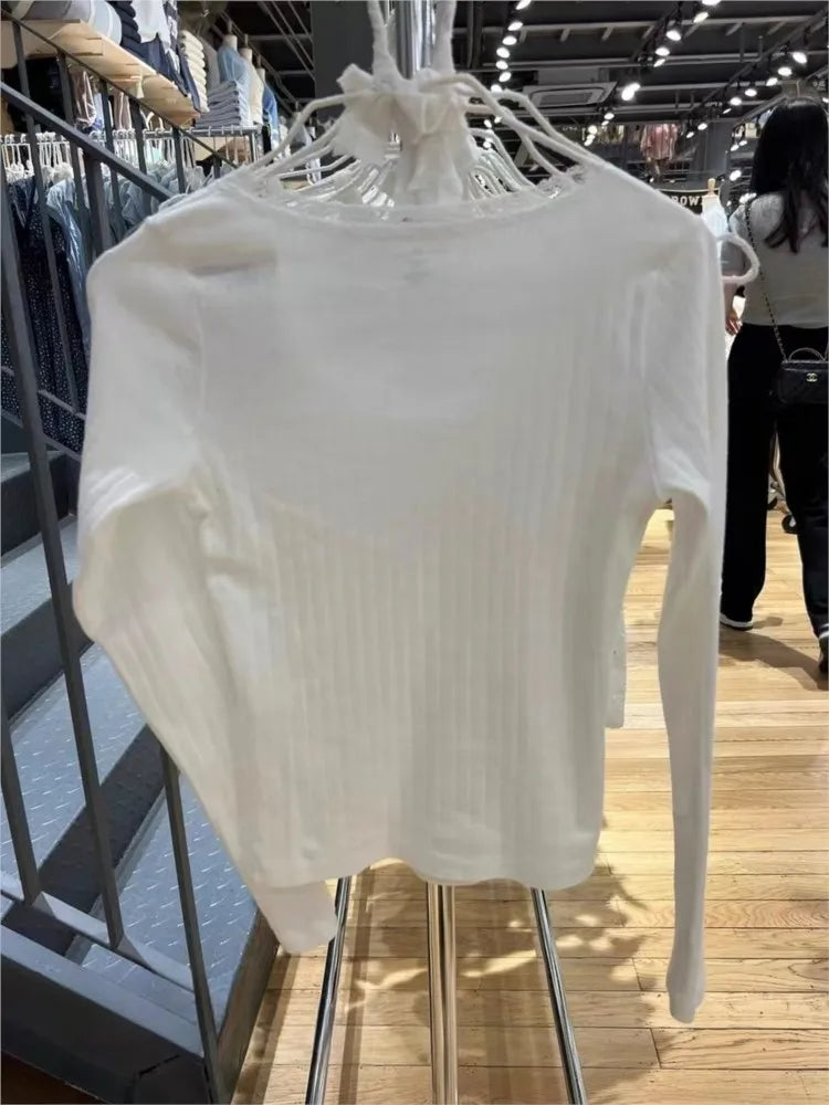 Hollow Out Lace Trim Long Sleeve Tees Women New Cotton White O-neck Slim Sexy Tops Clothes Female Chic Sweet Cute Y2K T-shirts