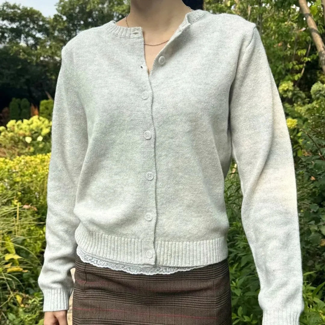 Gray Long Sleeve Knitted Cardigan Women New Simple Basic Cotton O-neck Casual Preppy Style Jumper Sweet Vintage Chic Sweater Top