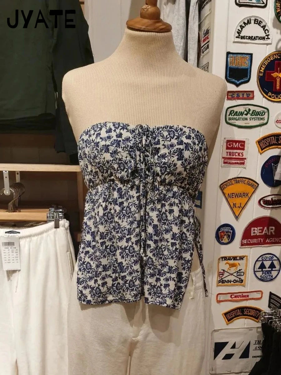 Sweet Navy Floral Drawstring Strapless Tank Tops Women New Streetwear Side Split Slim Cropped Vest Summer Vintage Chic Camis Y2k
