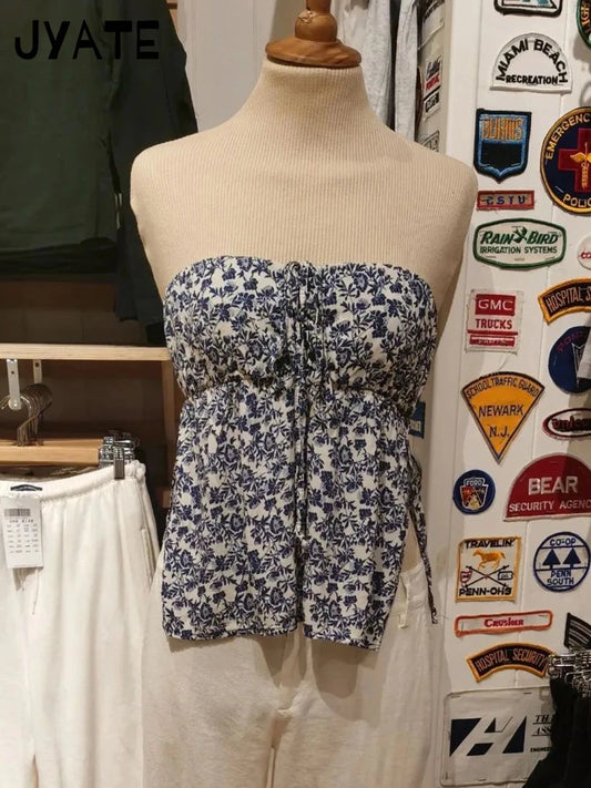 Sweet Navy Floral Drawstring Strapless Tank Tops Women New Streetwear Side Split Slim Cropped Vest Summer Vintage Chic Camis Y2k