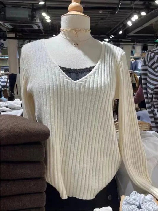 Sweet Beige Knit Sweaters Women Winter New Cotton Warm Simple Slim Casual Streetwear Pullover Tops Vintage Cute Harajuku Jumper