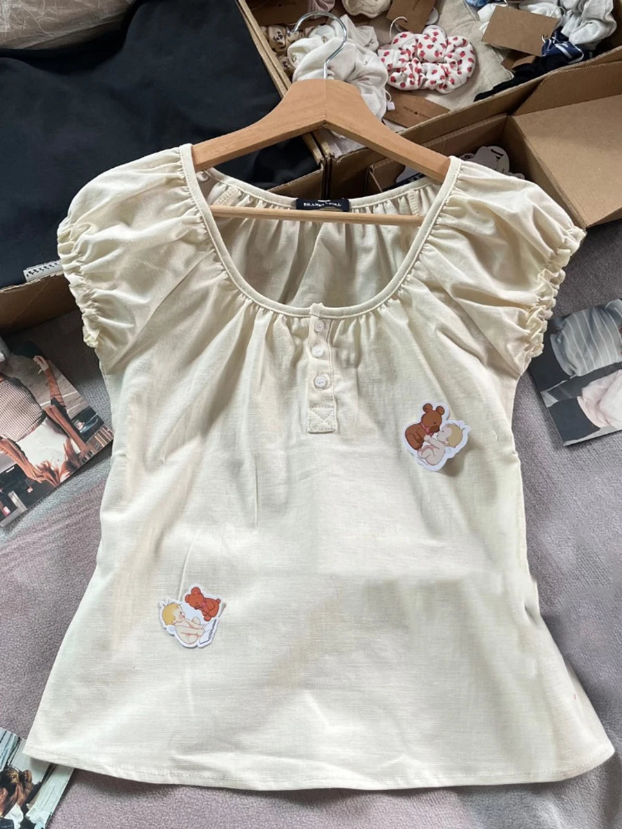 Yellow  Lace-up Ruffles Sleeve Tees Women Summer Simple Casual Flax Cotton U-neck Buttons Tops Sweet Cute Preppy Style T-shirts