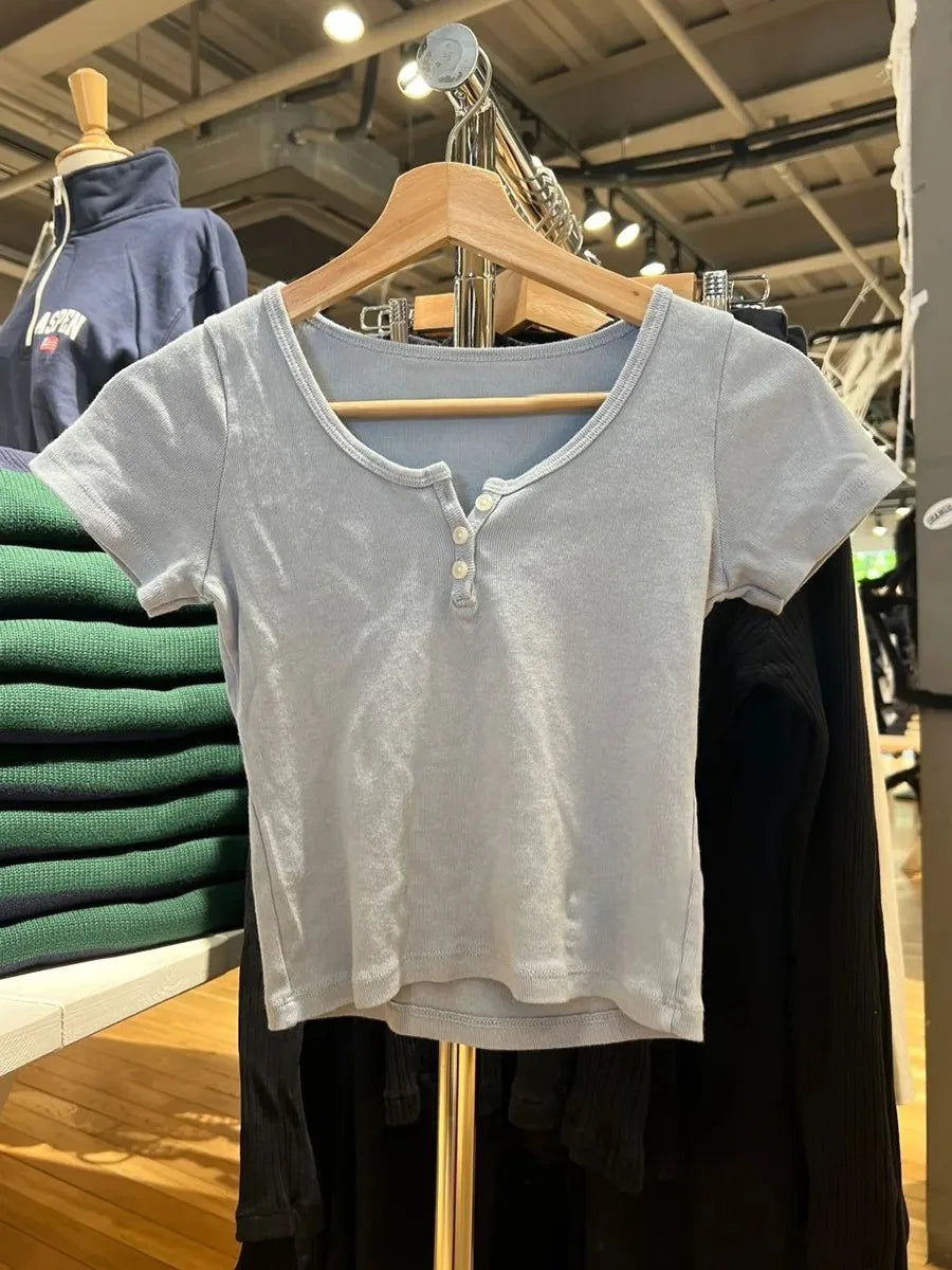 Blue Three Buttons Slim Crop Top Women Casual O-neck Cotton Short Sleeve T Shirt Grils Vintage Sweet Preppy Style Basic T-shirts