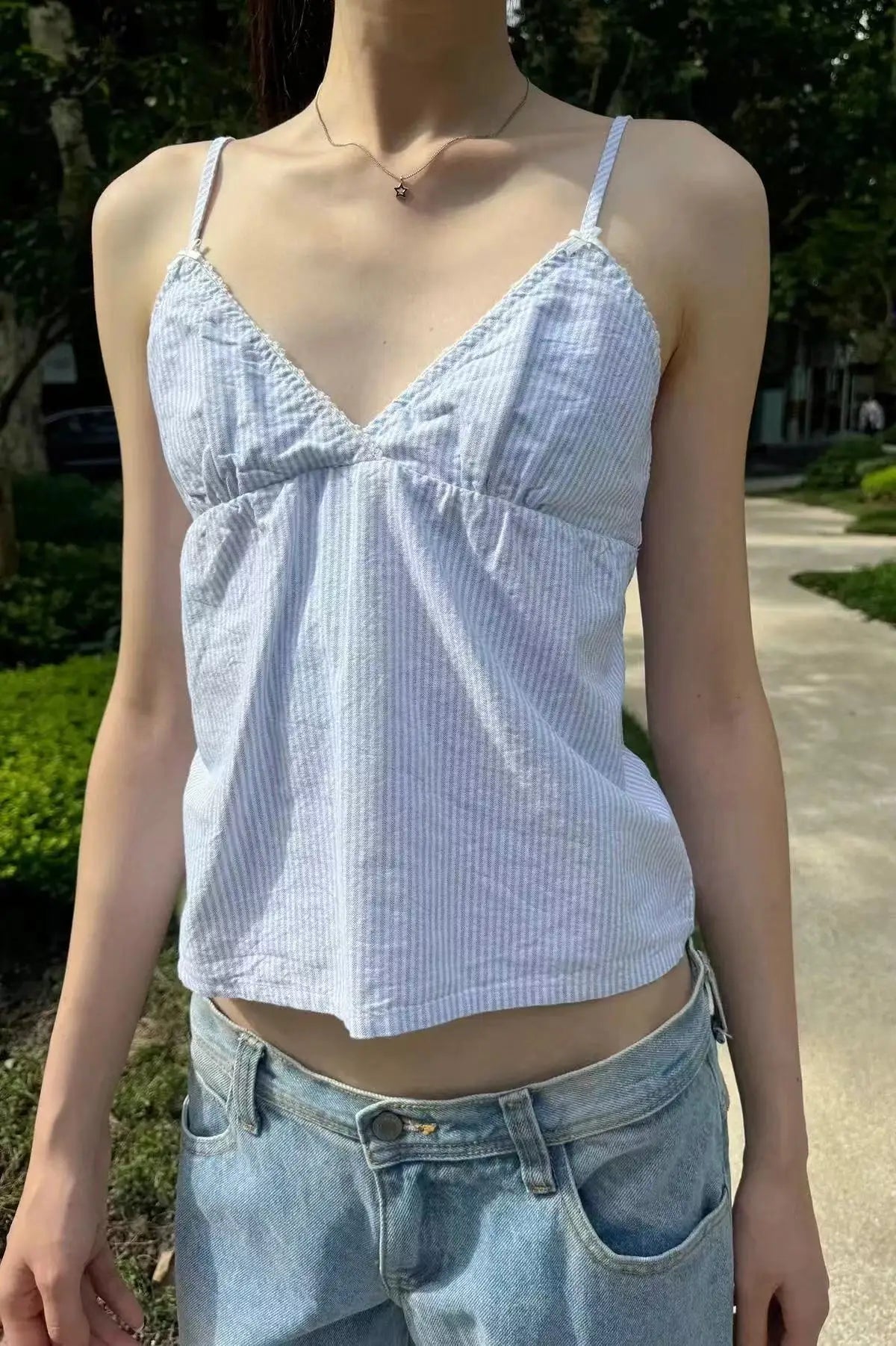 Blue Plaid Back Lace-up Slim Tank Tops Women New Simple Causal V-neck Sexy Sleeveless Vests Sweet Preppy Style Cropped Camisole