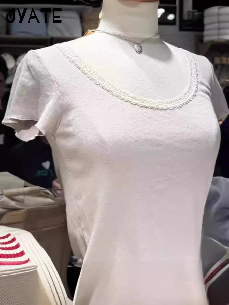 Sweet Lace Trim Pink T-shirts Women Summer New Casual Cotton Soft U-neck Short Sleeve Tees Cute Vintage Preppy Style Tops Y2K
