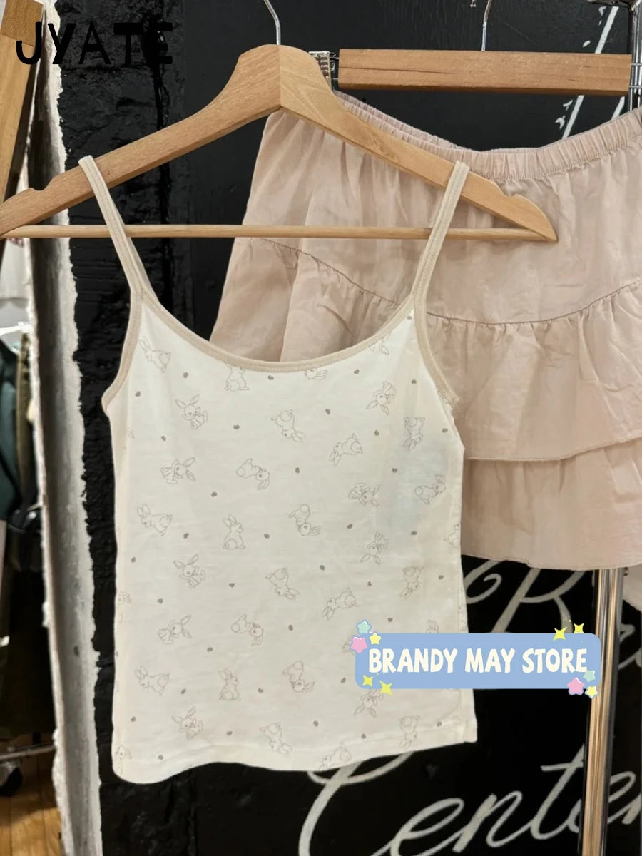 Cute Rabbit Print Eyelet Camisole Women New Cotton Casual Lace Trim Preppy Style Sleeveless Vests Sweet Cozy Pajamas Tank Tops