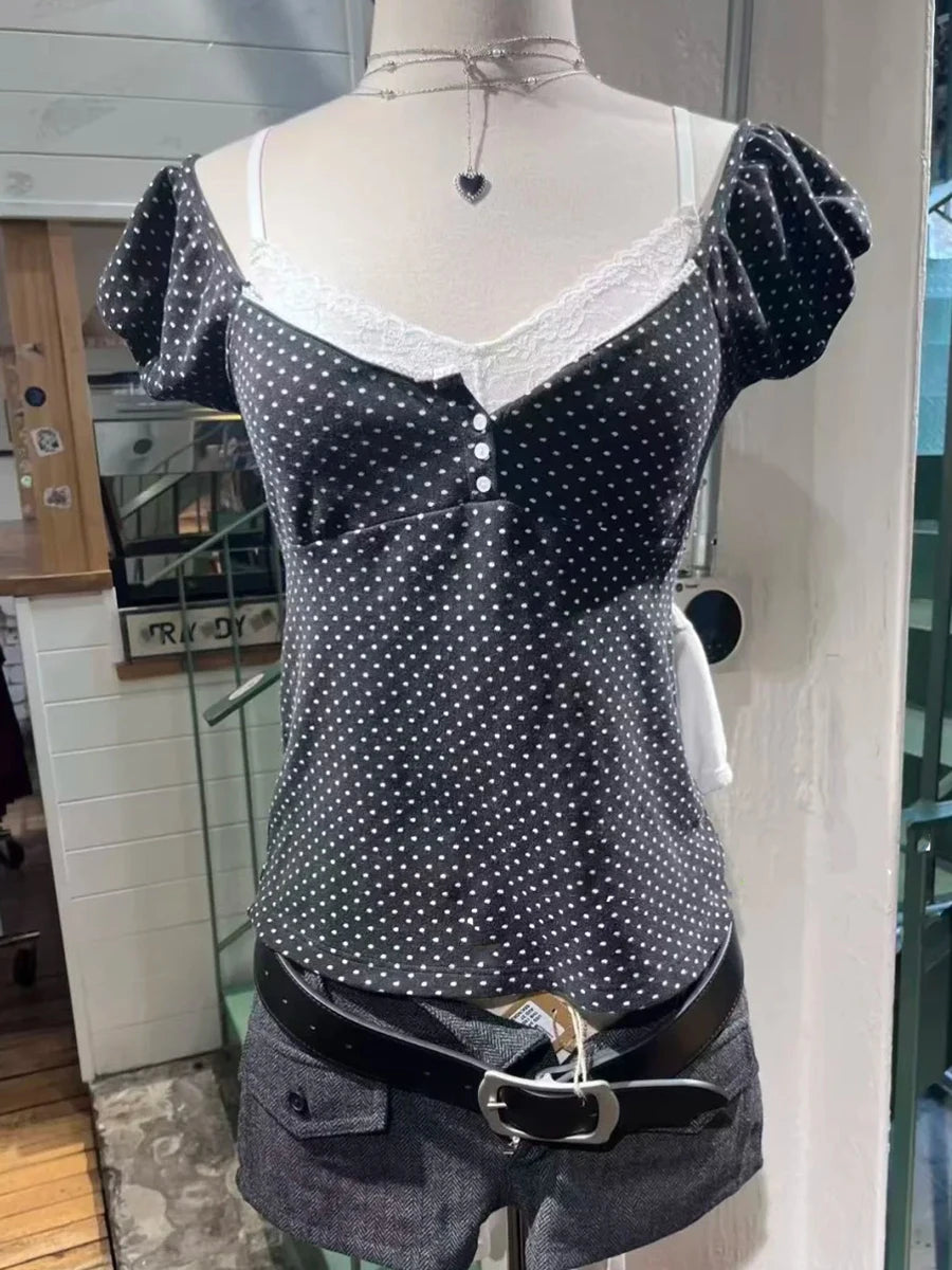 Polka Dot Lace Trim Square Collar T-shirts Women Retro Back Lace-up Slim Short Sleeve Tee Shirt Vintage Sweet Cute Tshirt Y2K