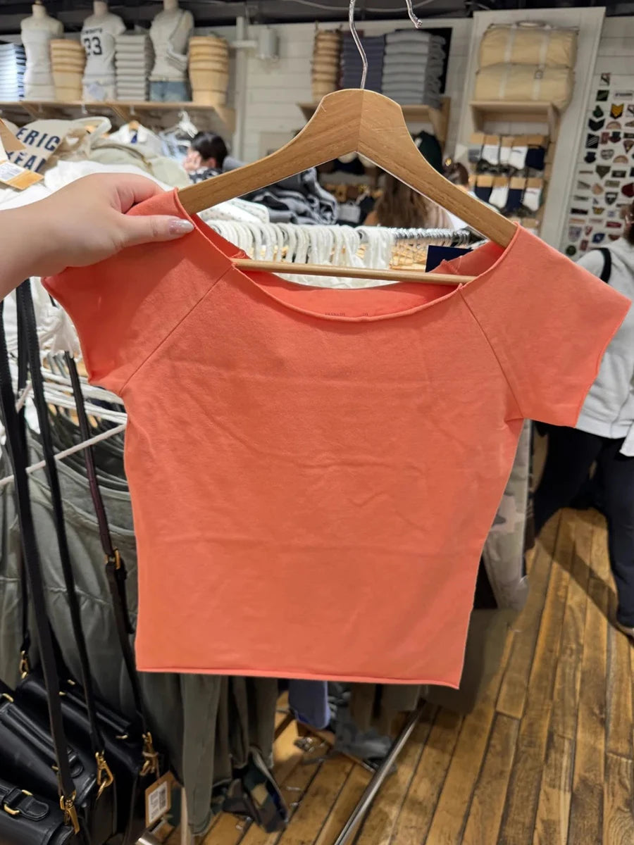 Orange Slash Neck Raw Hem Crop Tops Women Simple All-match Cotton Casual Slim T-shirts Female Sweet Chic Basic Cropped Tees Y2K