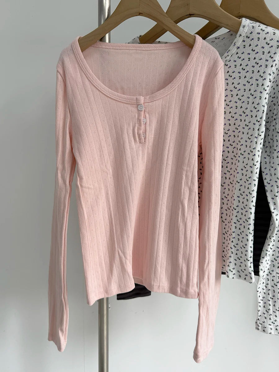 Pink Eyelet Slim Long Sleeve Tees Women Spring Cotton O-neck Buttons Simple Crop Tops Sweet Cute Preppy Style T-shirts New