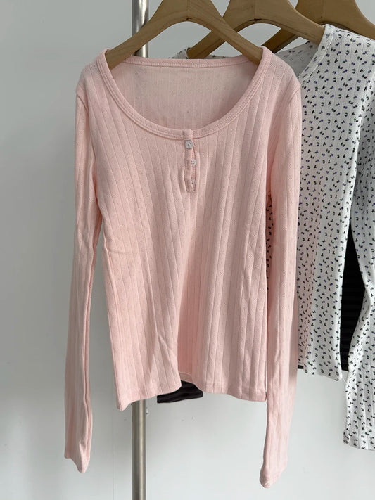 Pink Eyelet Slim Long Sleeve Tees Women Spring Cotton O-neck Buttons Simple Crop Tops Sweet Cute Preppy Style T-shirts New