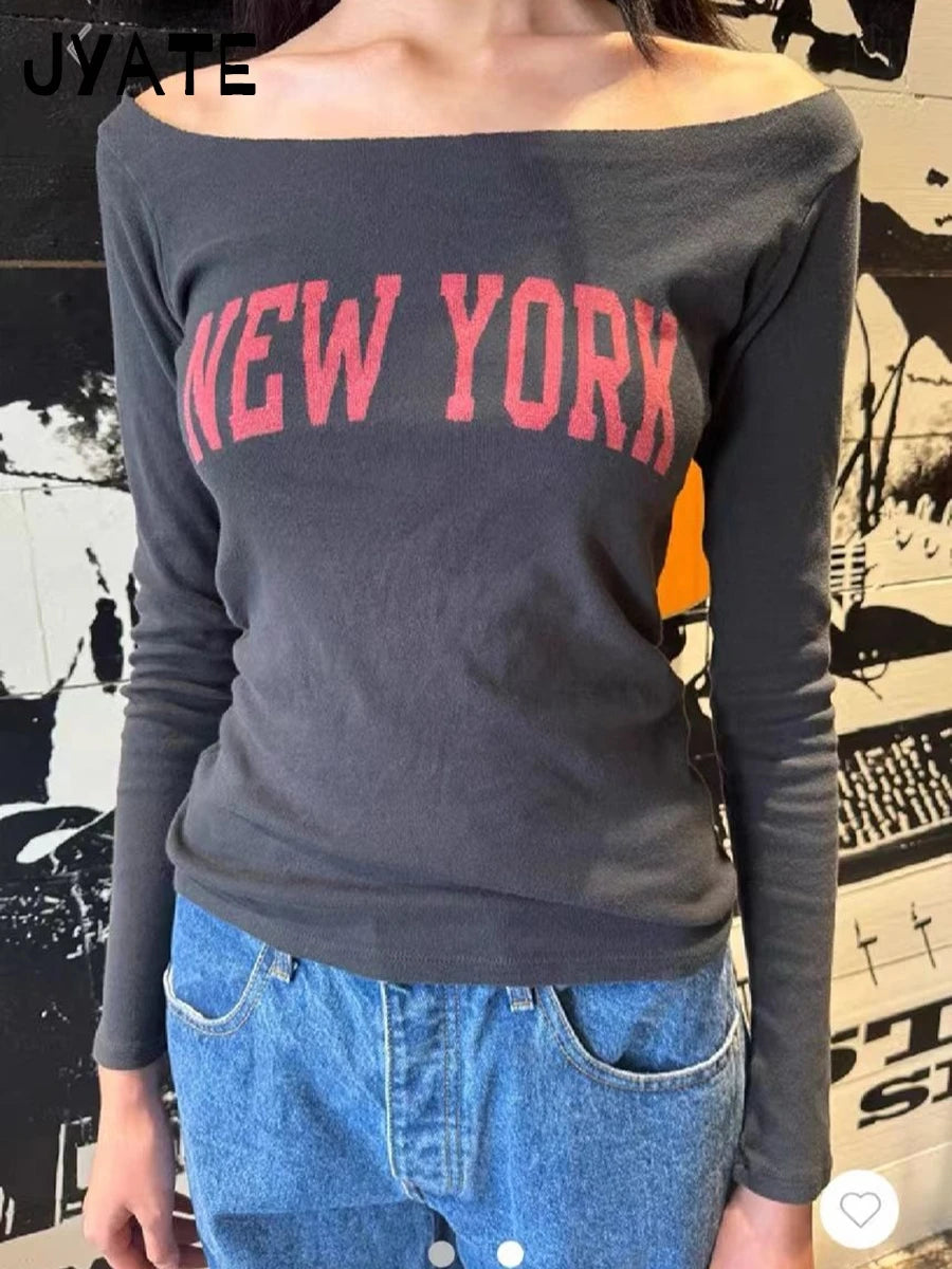 Letter Print Slash Neck Long Sleeve Tee Women Summer New Cotton Slim Sexy Raw Hem Casual Tops Vintage American Chic T-shirts Y2K
