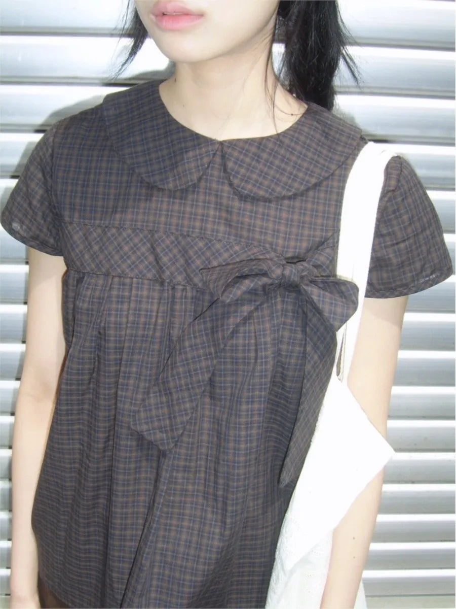 Retro Plaid Bow Lace-up T-shirts Blouse Women Summer New Korean Streetwear Doll Collar Short Sleeve Tees Vintage Sweet Cute Tops