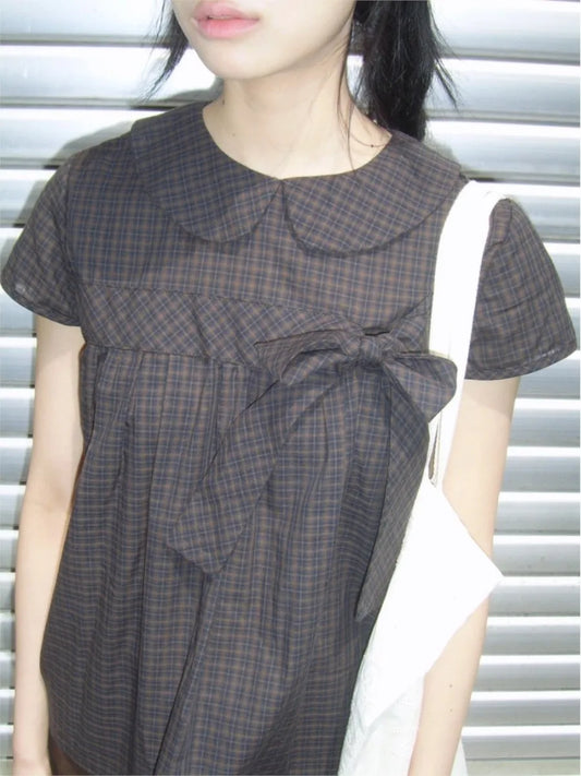 Retro Plaid Bow Lace-up T-shirts Blouse Women Summer New Korean Streetwear Doll Collar Short Sleeve Tees Vintage Sweet Cute Tops