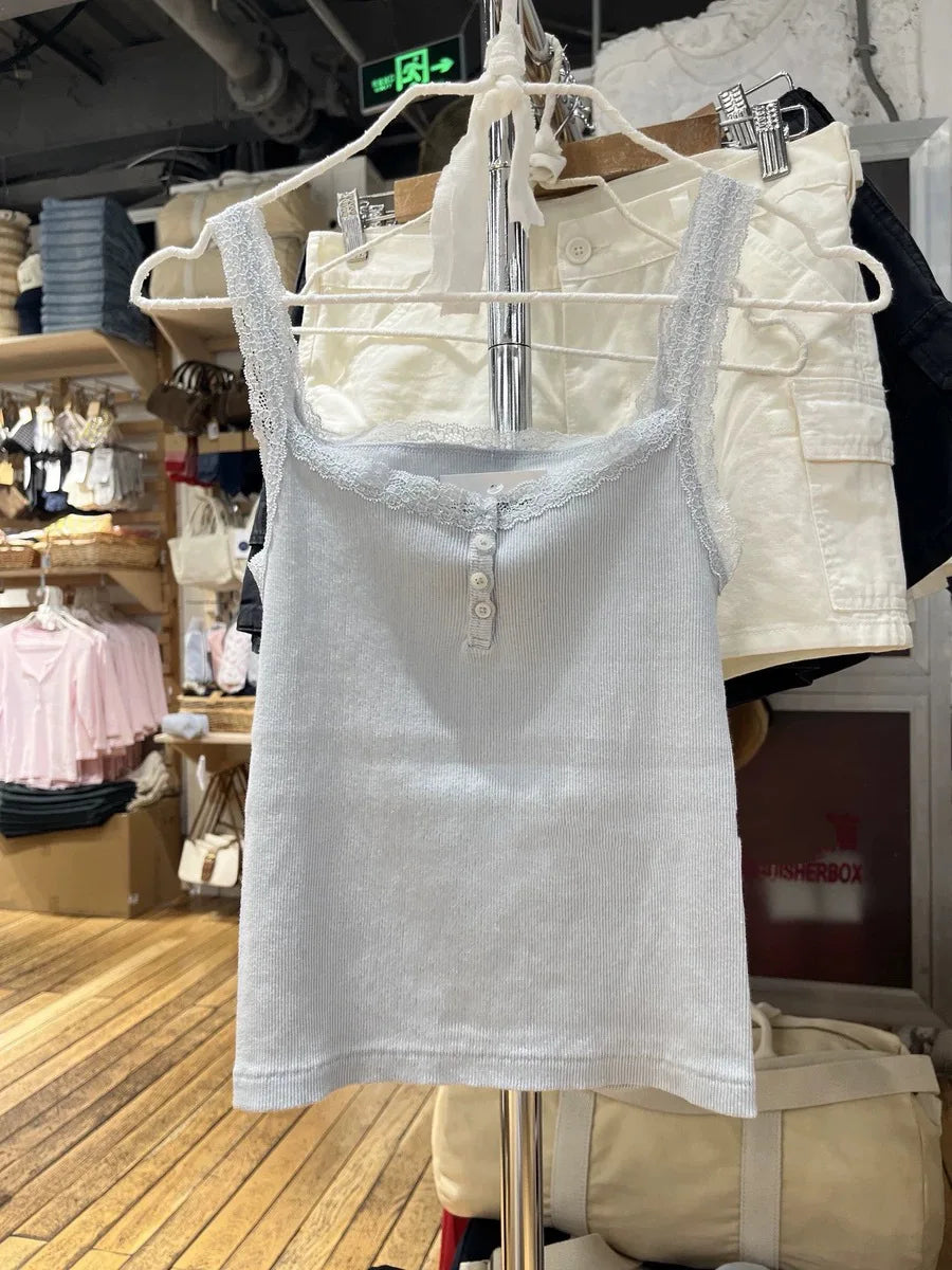 Blue Lace Trim Ribbed Buttons Camisole Women Summer New Casual cotton Slim Sleeveless Vest Sweet All-match Cropped Tank Tops Y2K