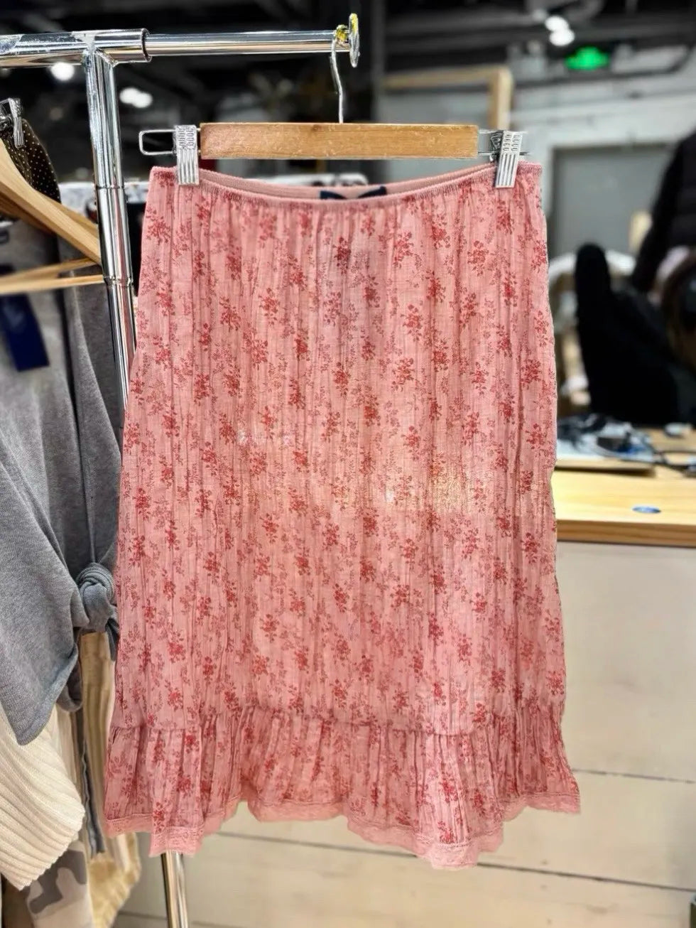 Navy Polka Dot Midi Skirt Women Summer Casual Lace Ruffles Patchwork A-line Long Faldas Female Sweet Vintage Preppy Style Skirts