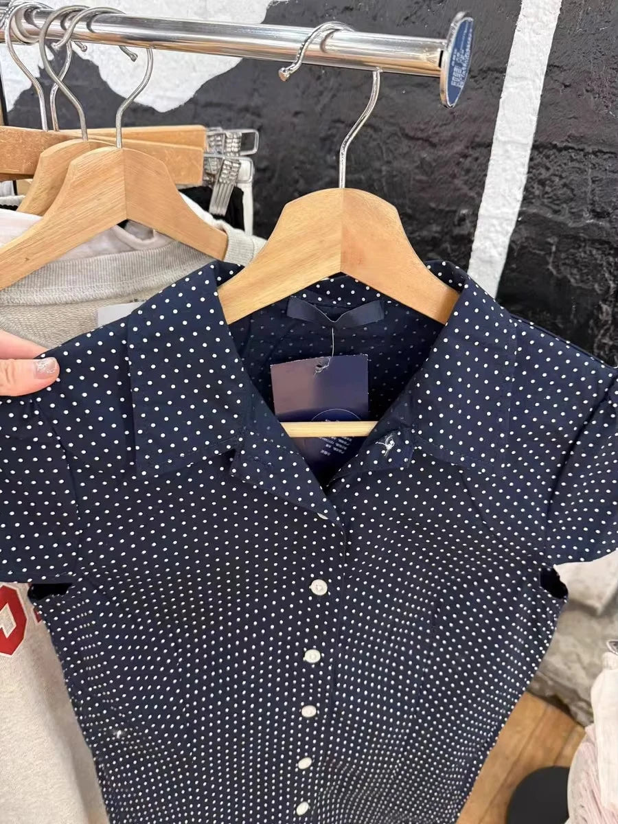 Vintage Navy Polka dot Short Sleeve Tees Women Summer New Casual Turn Down Collar Tops Blouse Retro Preppy Style Y2K T-shirts