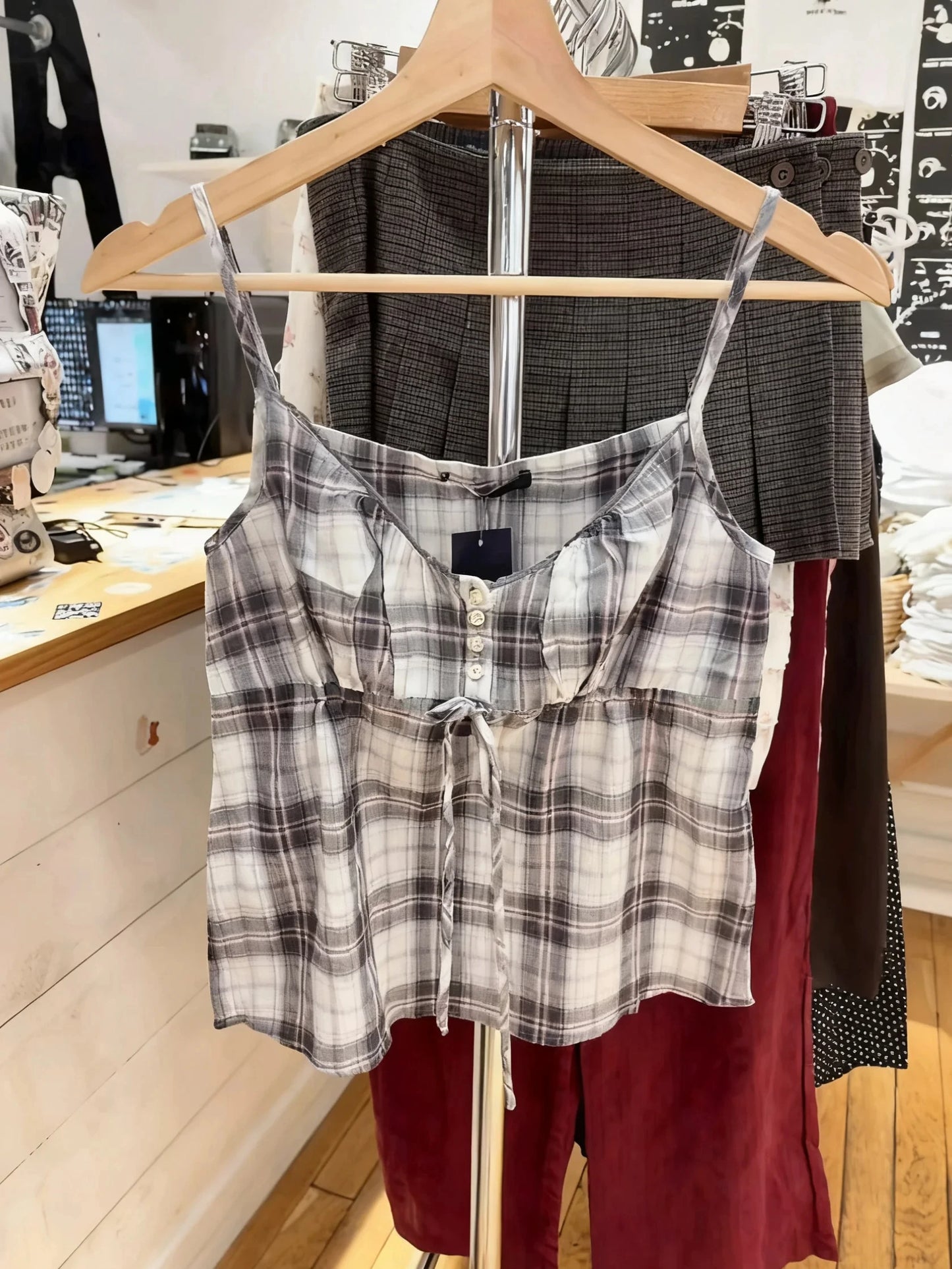 Vintage Black Plaid Lace-up Ruffles Tank Tops Women Summer New Cotton Sexy Slim Buttons Strapless Vests Cute Preppy Camisole Y2K