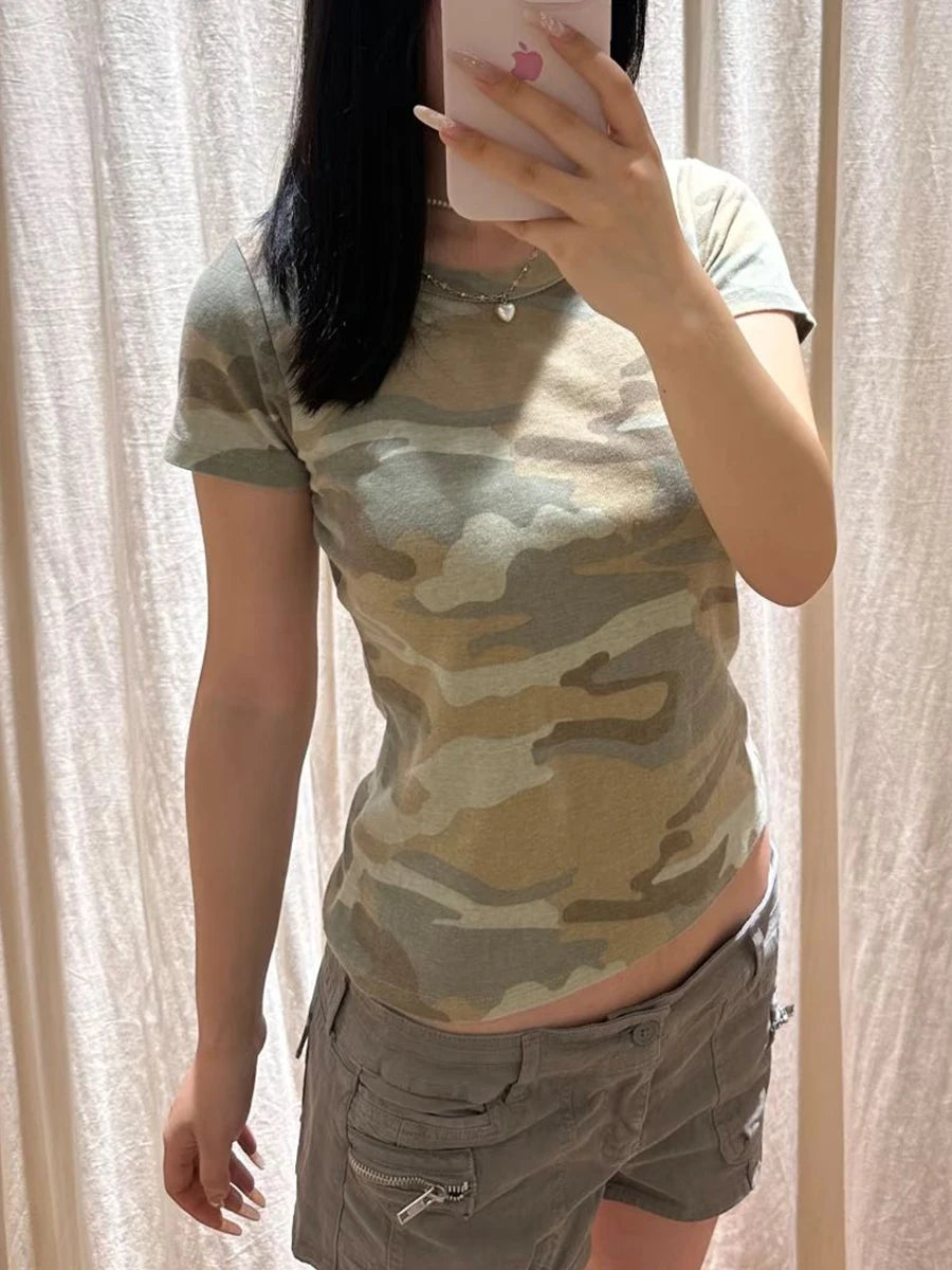 Camouflage Cotton T-shirts Women Streetwear Simple O-neck Short Sleeve Slim Tee Tops American Vintage Casual Tshirts Y2k Top