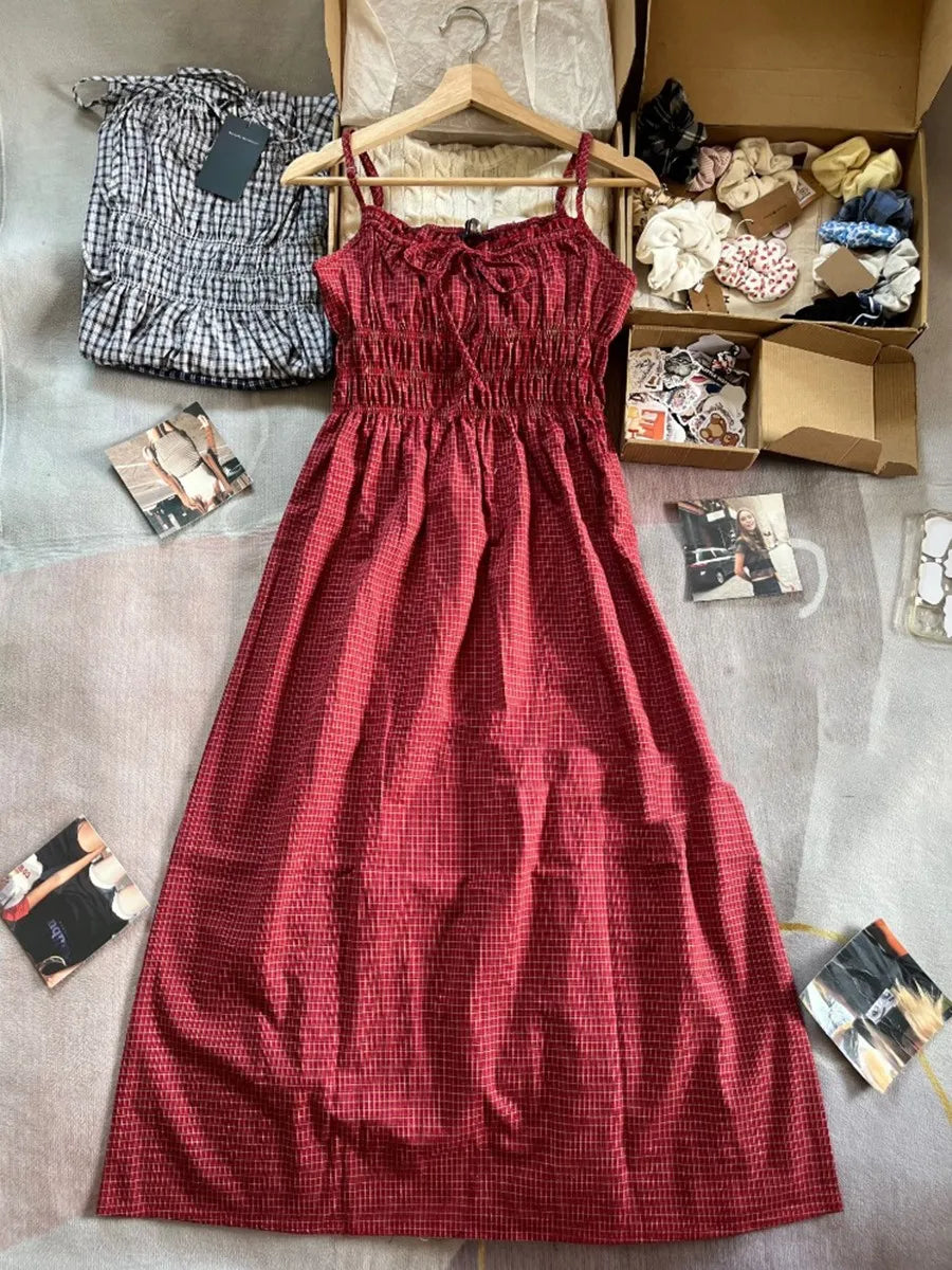 Retro Red Plaid Ruffles Camisole Dress Women High Waist Backless Lace-up Sleeveless Long Dresses Vintage Cute Sweet Y2K Vestidos