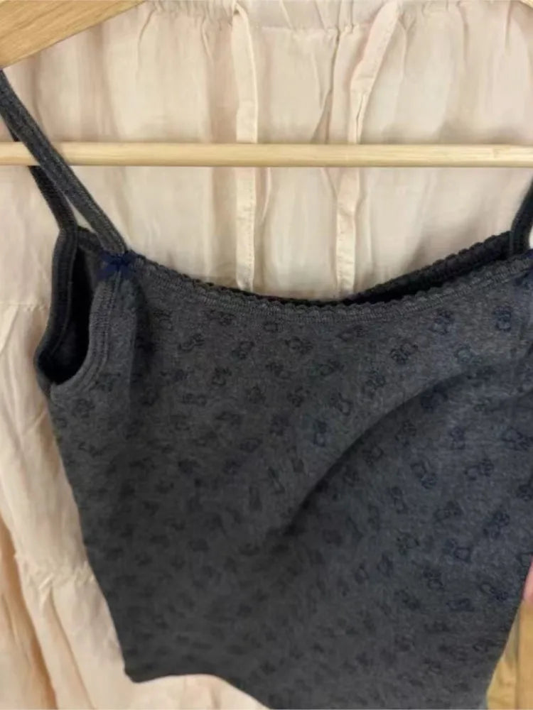 Gray Bear Print Bow Tank Tops Women New Lace Trim Slim Cotton Preppy Style Sleeveless Vests Vintage Cute Streetwear Y2K Camisole
