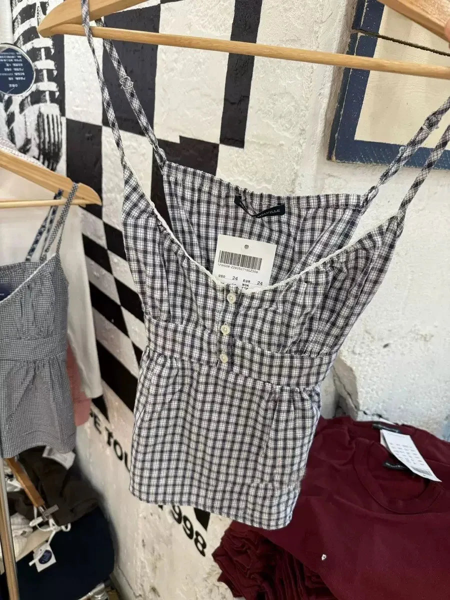 Gray Plaid Slim Buttons Tank Top Woman Summer New Lace Trim V-neck Back Lace-up Cotton Camis Vintage Sweet Chic Crop Tops Y2K