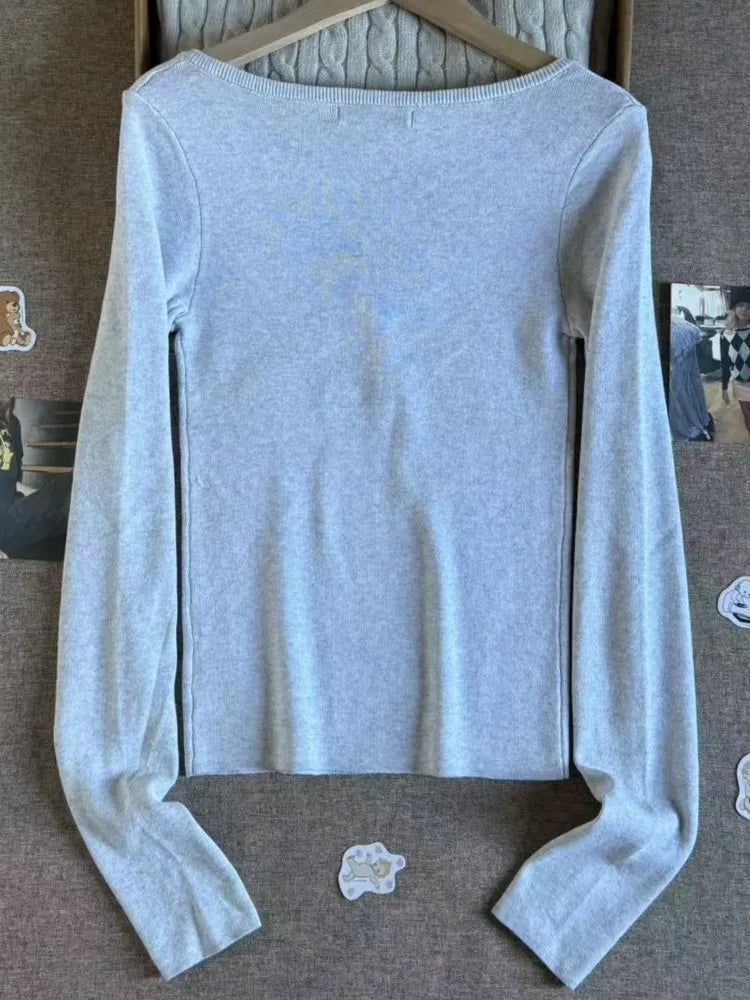 New Gray Crew Collar Long Sleeve T-shirts Women Autumn Twist Knitted Slim New Button Cotton Tees Sweet Cute Casual T Shirt Tops