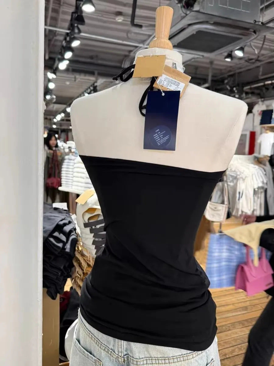 Black Drawstring Folds Strapless Tank Top Women New Summer Cotton Slim All-match Camis Sweet Harajuku Preppy Style Vest Y2K Tops