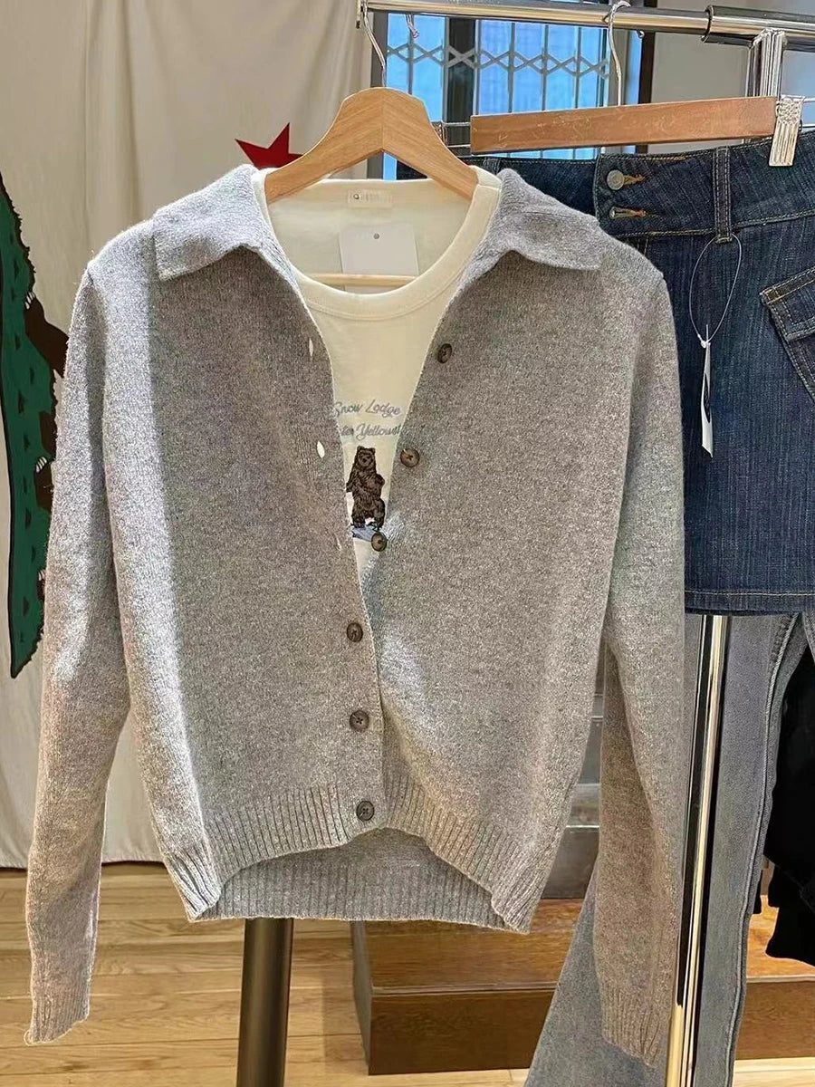 Preppy Style Gray Cotton Soft Sweaters Coat Women Chic Turn Down Collar Buttons Knitted Cardigan Sweet Simple Cute Sweater Tops