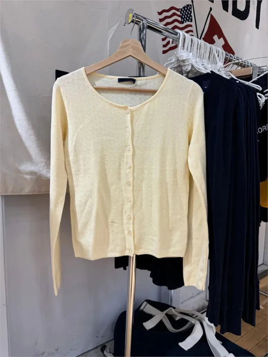 Yellow Eyelet Knitted Cardigan Tops Women Autumn New Casual Cotton Long Sleeve Sweater Sweet Cute Preppy Style T-shirts Coat
