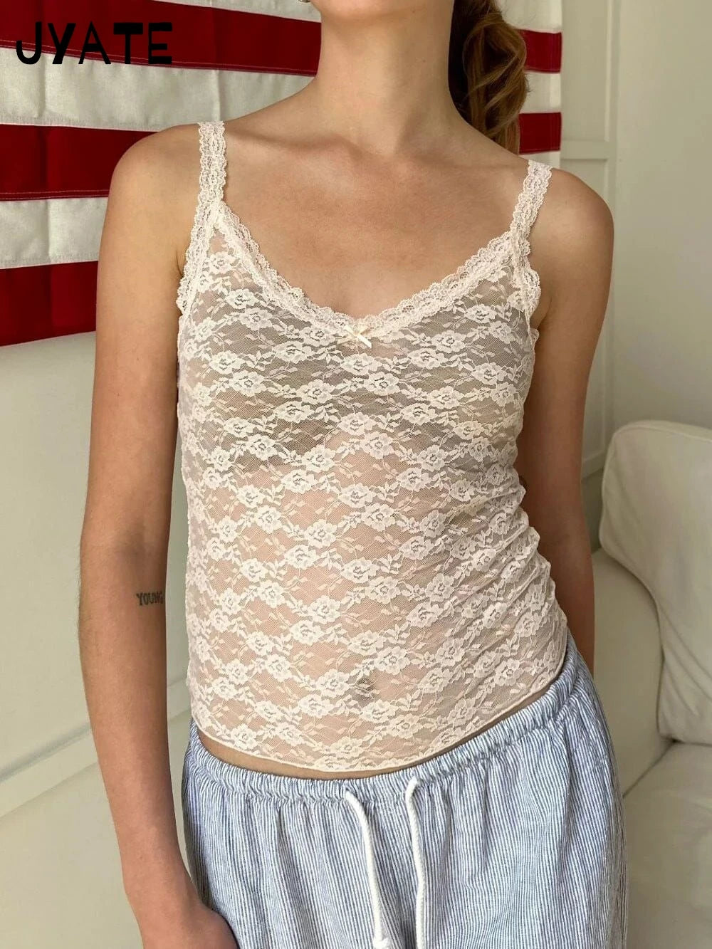 Lace Transparent Sexy V-neck Camisole Women New Streetwear Bow Thin Jacquard Sleeveless Vests Vintage Sweet Chic Tank Tops Y2K