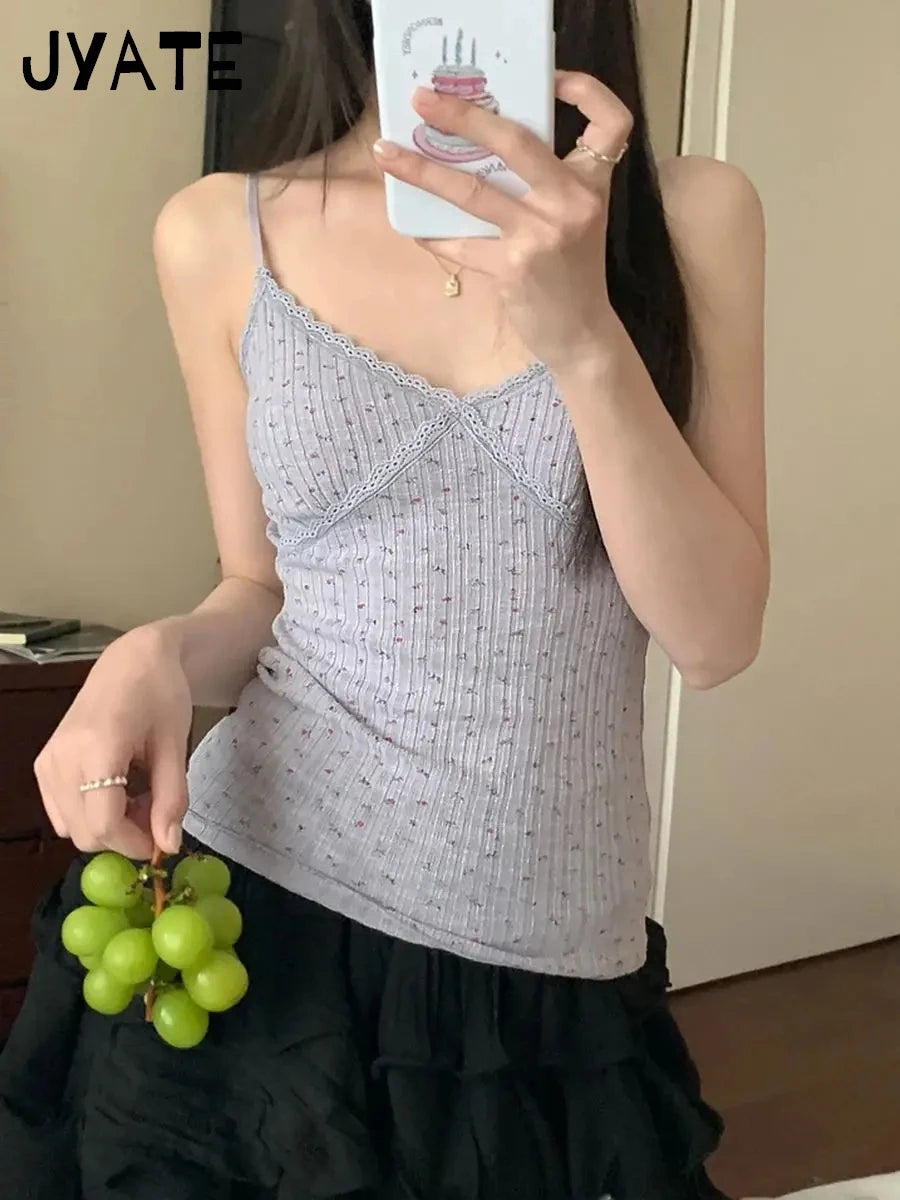 Floral Lace Trim V-neck Tank Tops Women New Cotton Casual Preppy Slim Cropped Sleeveless Vests Sweet Cute Vintage Camisole Y2K