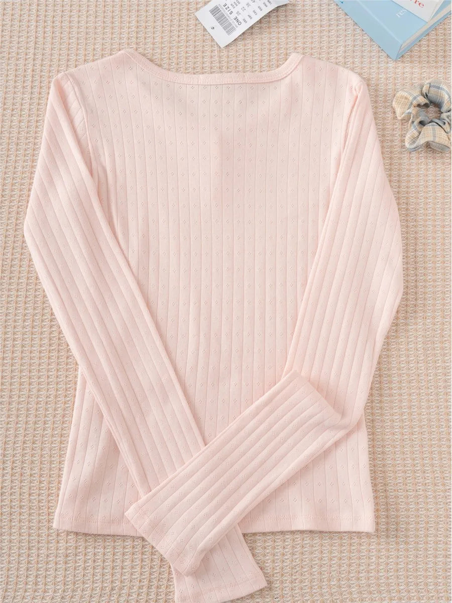Sweet Pink Hollow Out Cute Cotton T-shirts Femme Button Casual Slim Long Sleeve Tees Women Basic Chic Vintage Tops Clothes Y2K